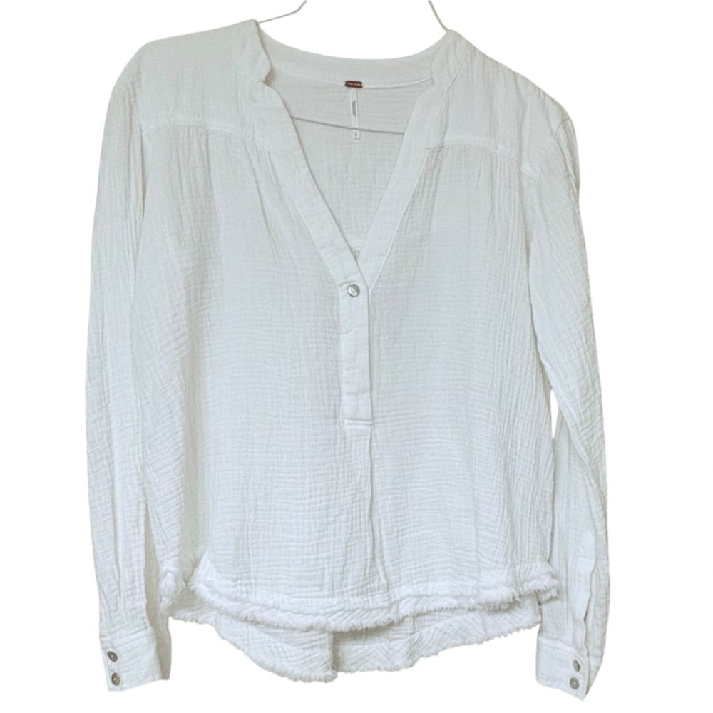 Free People White Beachy, Gauzy V-Neck Pullover Long Sleeve Top Size Small